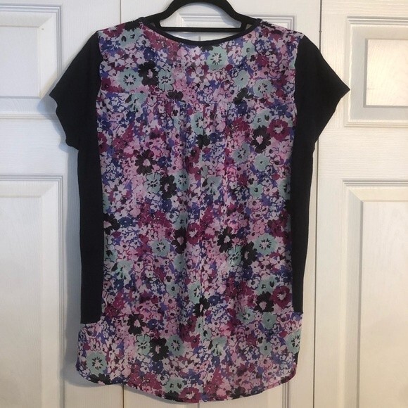TWO BY VINCE CAMUTO Medium Pink Blue Floral Short Sleeve High Low Blouse Pullove - Picture 5 of 5